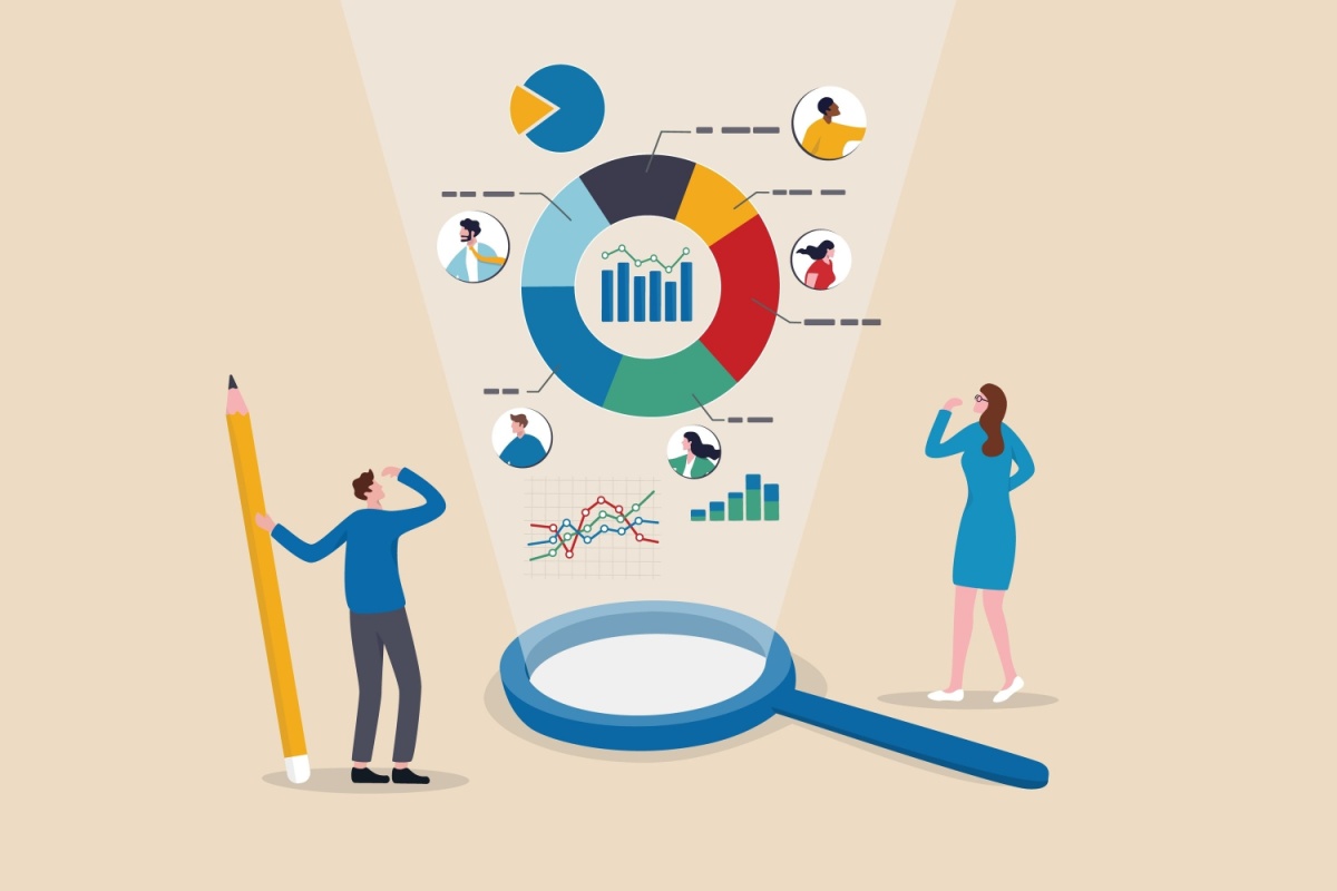 Marketing Planning. Business people look at magnify market data chart and graph.