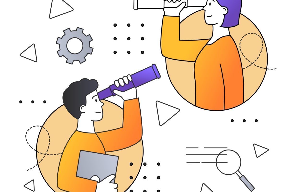 Look into future concept. Man and woman with telescope in hands looking for something. Business vision and search for new strategies for development of company.