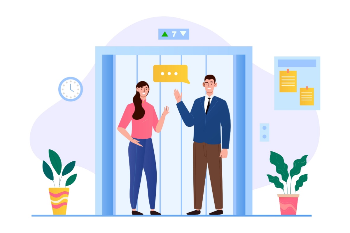 Office staff waiting elevator in business center hall company having a conversation