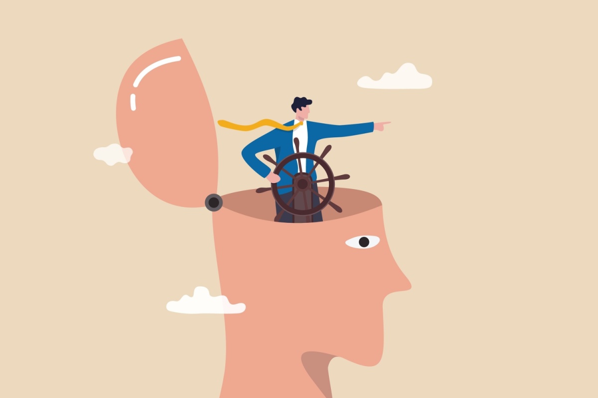 thought leadership strategy for business decision or guidance to the right direction, motivation, mindset or consciousness concept, businessman leader control steering wheel helm on his head.
