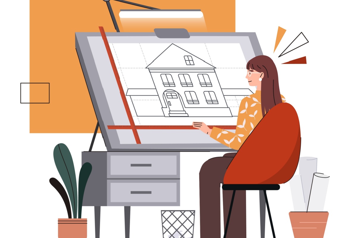 Architect woman at workplace concept. Young girl with blueprint.AEC Firms Engineering and architecture, construction.