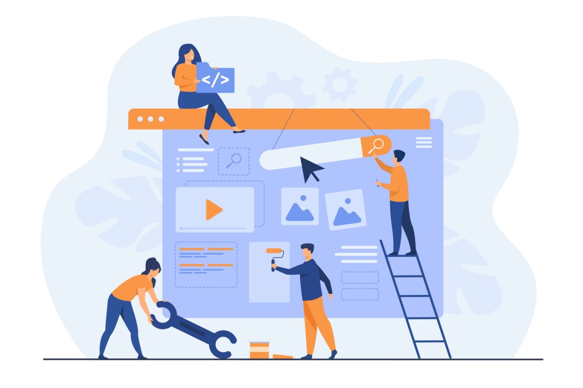 Digital marketing team constructing AEC marketing services. Tiny people painting units on webpage.