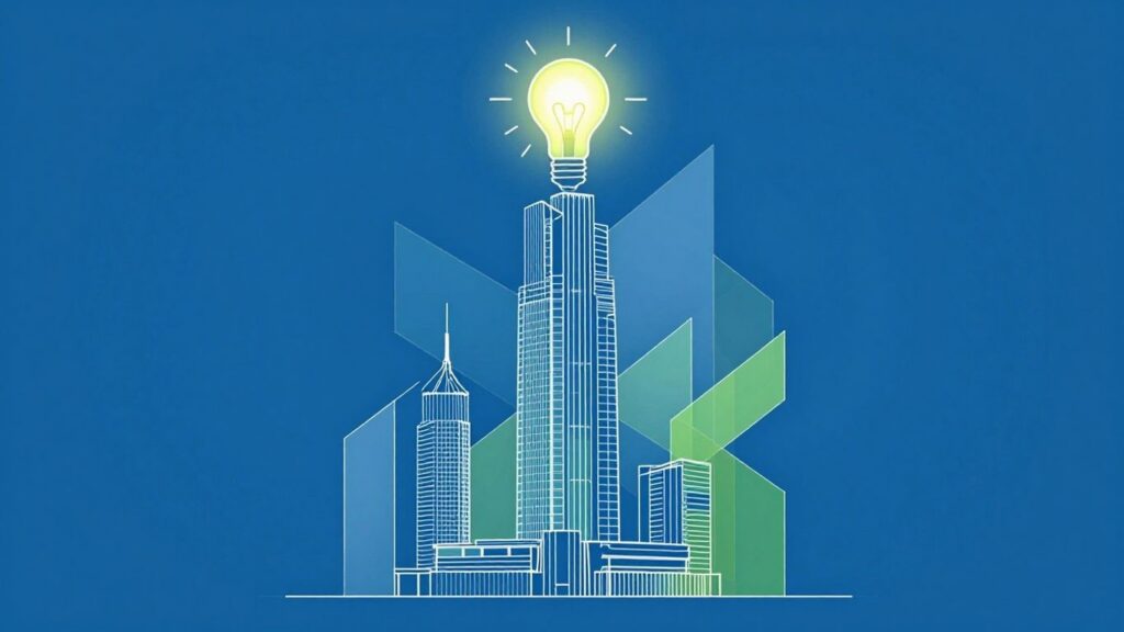 Skyscraper blueprint with glowing lightbulb and geometric shapes.
