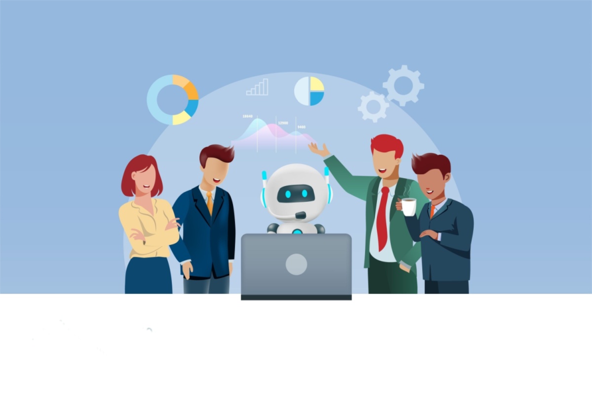 Google AI artificial intelligence chat robot working on computer with happy business team at office.