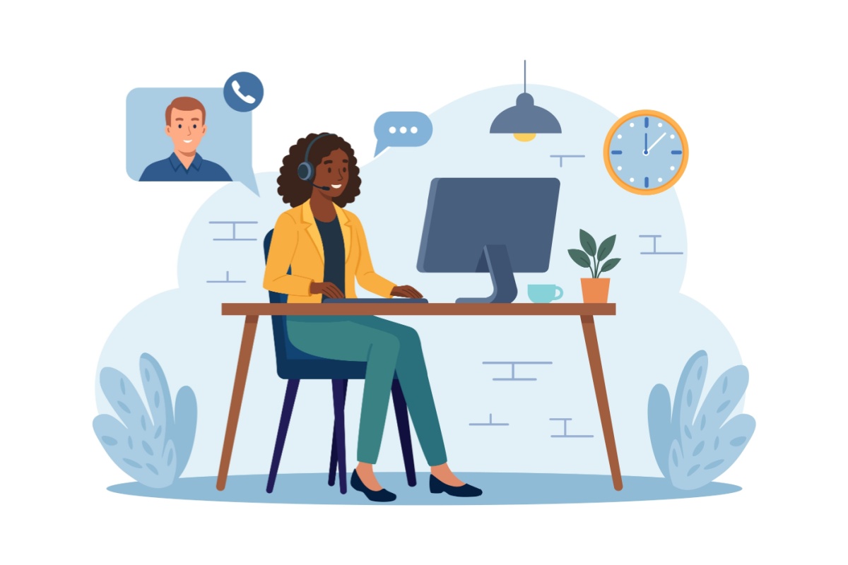 Marketing retainers and support. African woman with headphones and microphone providing assistance through online communication channels.