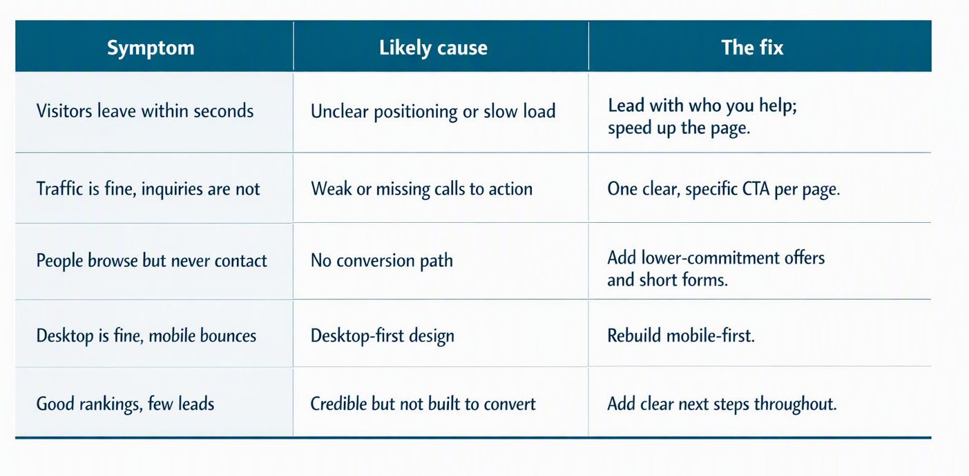 Table explaining why your website isn't generating leads, common causes, and practical fixes to improve website conversions.