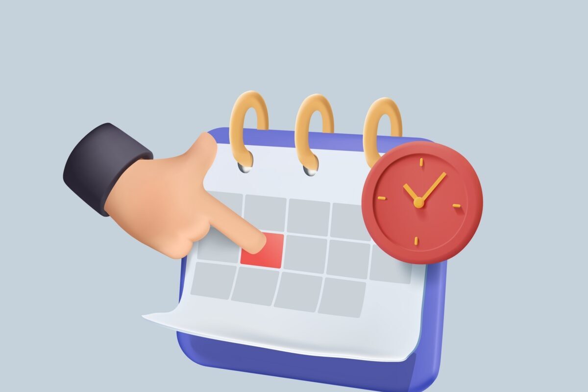 Marketing planning for financial firms. Hand pointing at a calendar with a wall clock. Deadlines, timing, planning elements for time management, scheduling events, deadline reminders and business planning concept