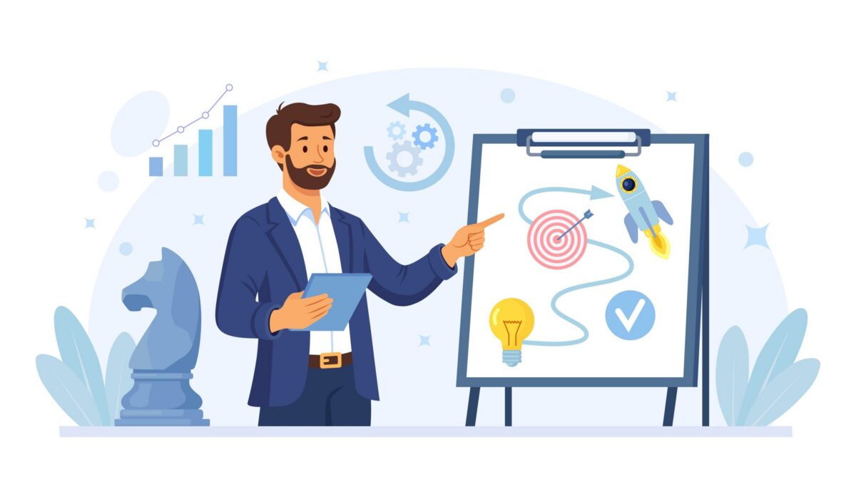 Businessman Planning Business marketing Strategy on Whiteboard, Marketing Tactic to Reach Target