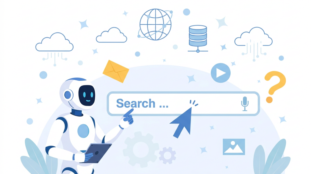 AEO for Financial advisors and AI Robot Analyzing and Pointing to Website Search Bar for SEO Optimization
